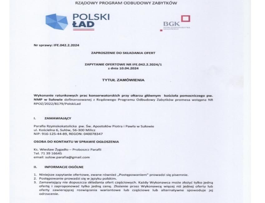Zaproszenie do składania ofert na wykonanie prac konserwatorskich przy ołtarzu głównym kościoła pomocniczego p.w. Matki Bożej Częstochowskiej w Sułowie